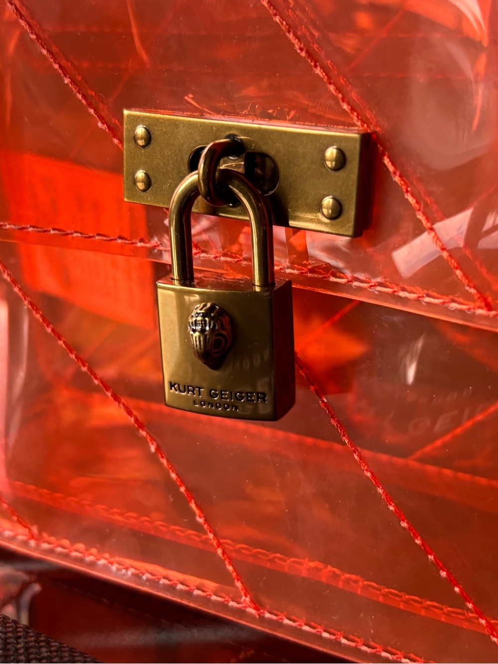 Transparent Kurt Geiger Quilted Shoulder Bag with Gold Chain in Fun Orange! - Picture 2 of 4